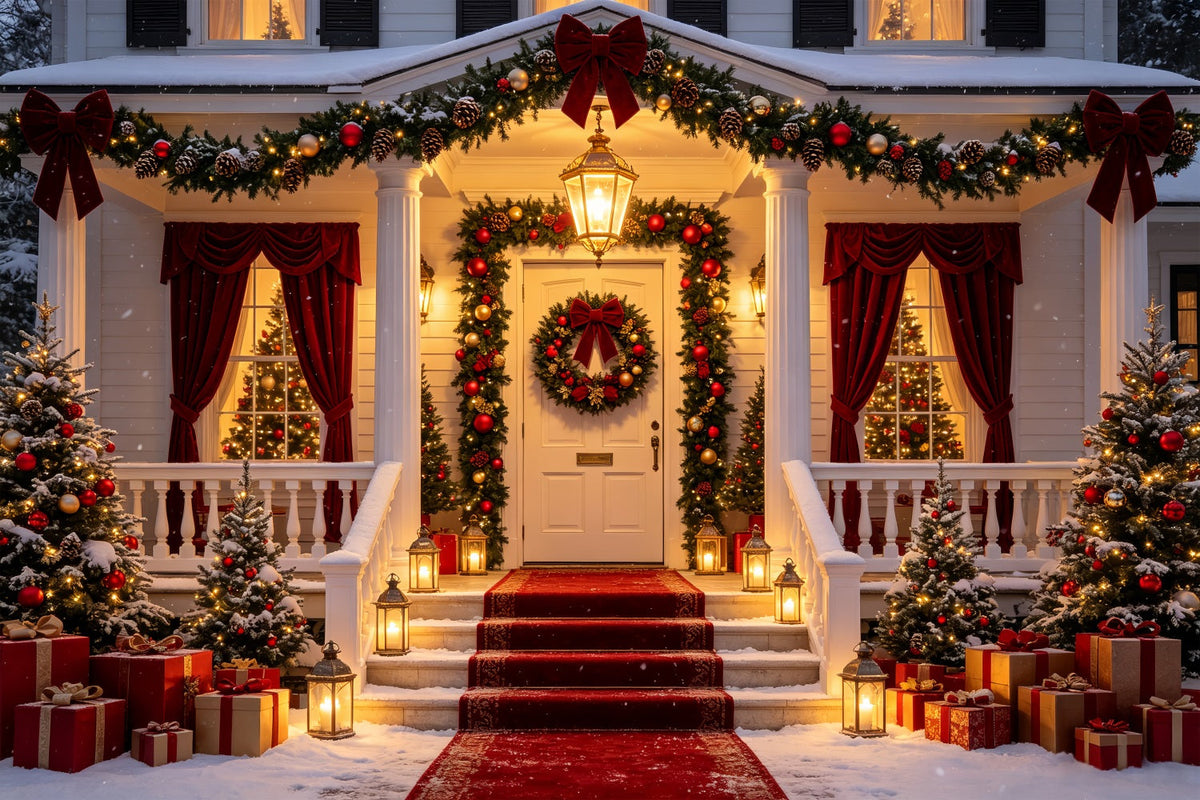 Décor De La Nuit Avant Noël Entrée Du Porche Avec Tapis Rouge Décor Photographique De Noël CSH69-40