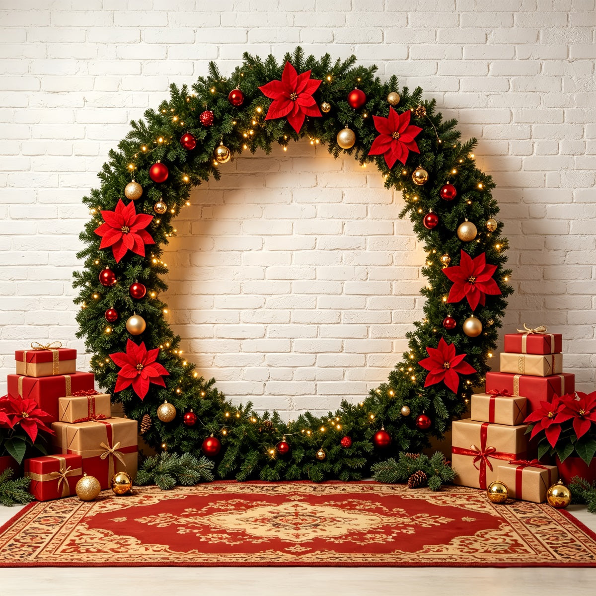 Fond Photo De Noël Arche De Cadeaux Avec Couronne De Poinsettias Décors De Noël Pour Photos CSH69-57