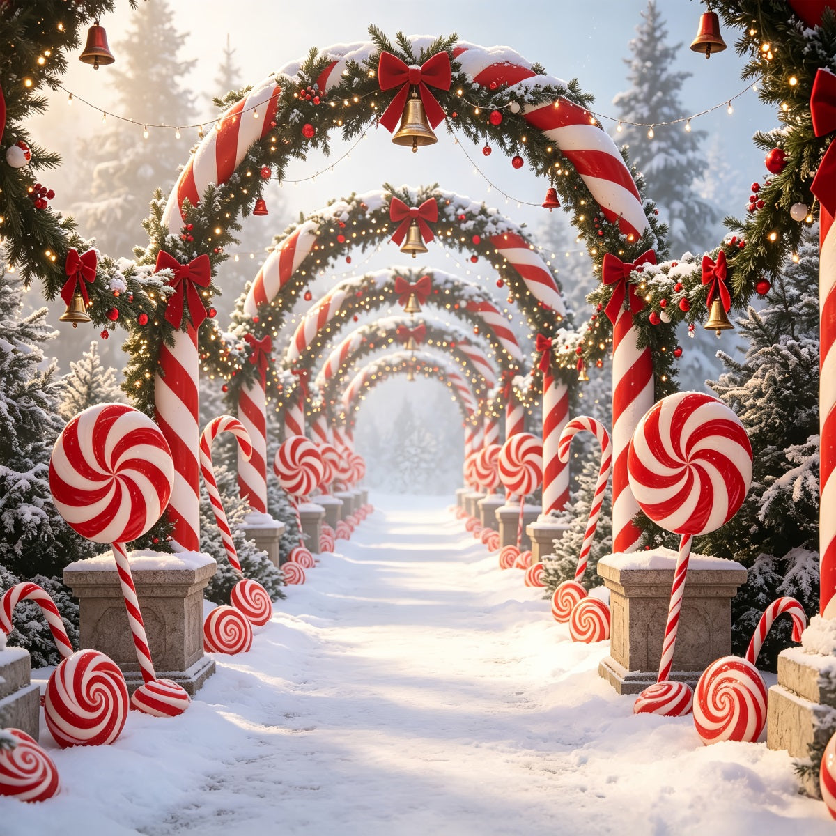 Décor De Candy Cane Lane Chemin De L'Arche De La Forêt Enneigée Fond De Noël 3D CSH69-59