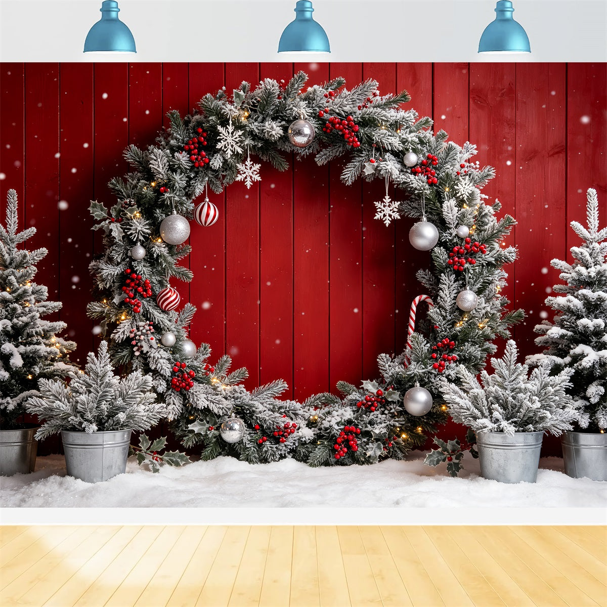 Décor De Photomaton De Noël Mur De Couronne Rouge Givrée Photographie De Décors De Noël CSH69-69