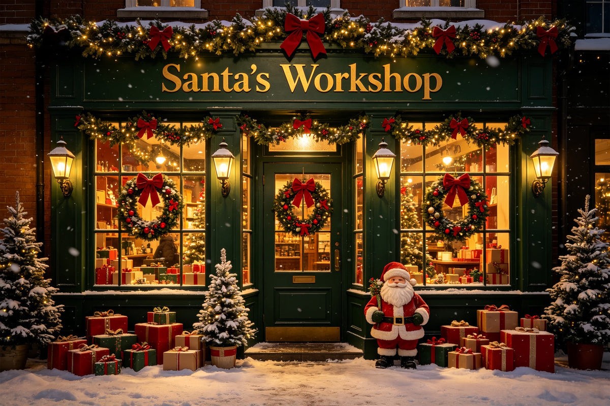 Décor Photo De L'Atelier Du Père Noël Façade De Magasin Vert Neige Décor Photo Du Père Noël CSH69-78