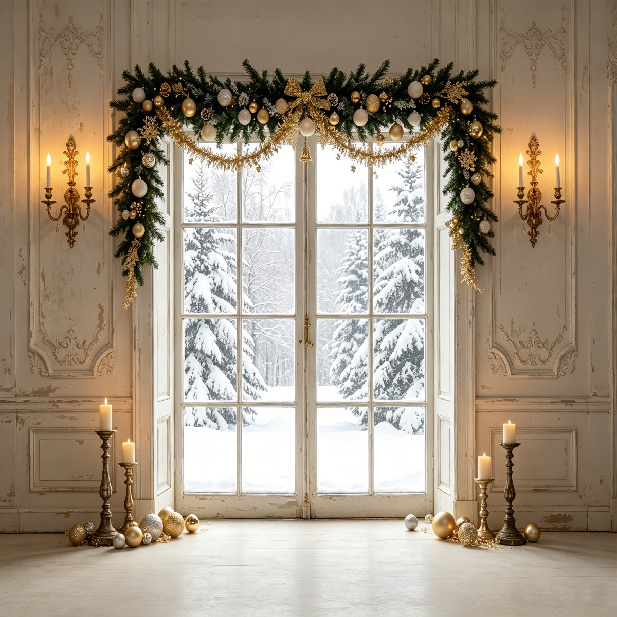 Décor De Vitrine De Noël Vue Sur La Porte En Pin D'Hiver Décor De Portrait De Noël CSH69-80