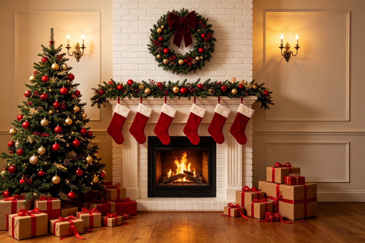 Fond De Cheminée De Noël Manteau De Cheminée Blanc Classique Décors Photo De Noël CSH69-82