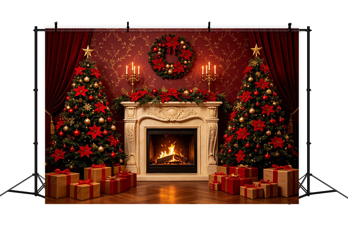 Décors De Noël Pour Scène Cheminée Élégante À Rideaux Rouges Décor De Noël Pour Une Fête CSH69-83