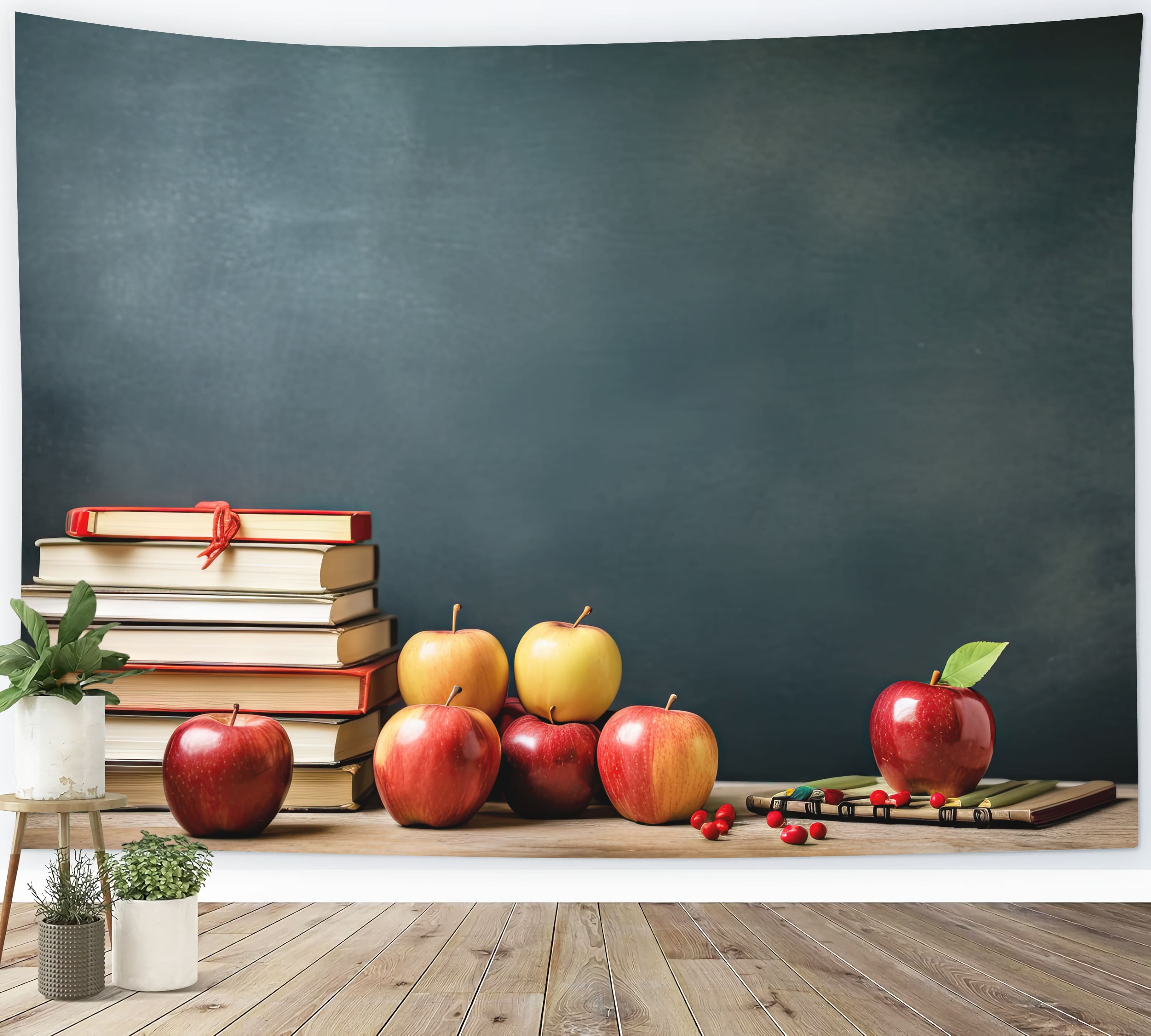 Toile de Fond de Tableau Noir avec Livres et Pommes pour la Rentrée Scolaire DBD7-21