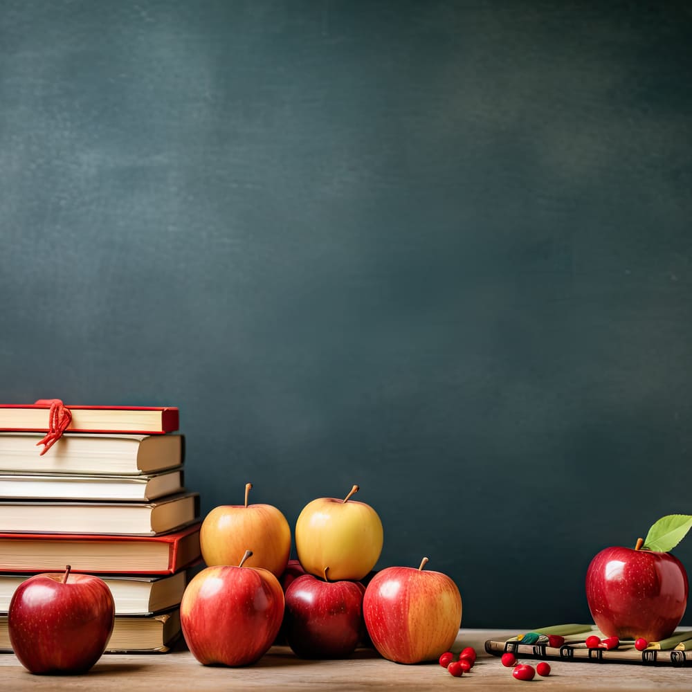 Toile de Fond de Tableau Noir avec Livres et Pommes pour la Rentrée Scolaire DBD7-21
