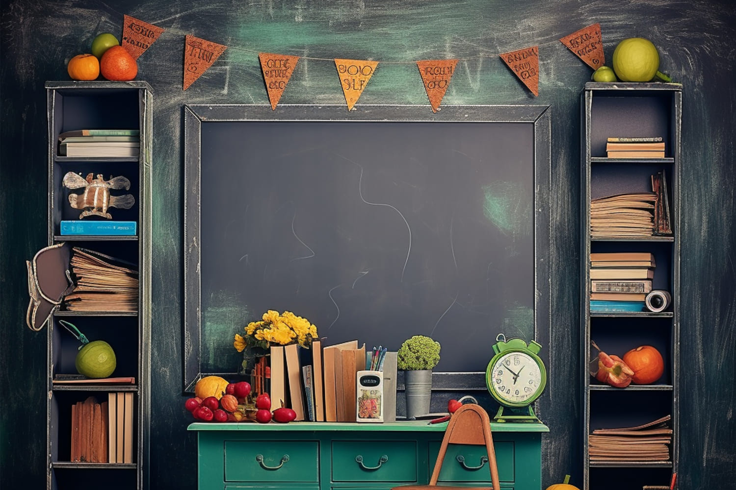 Toile de Fond de Réveil et Fruits sur Bureau pour la Rentrée Scolaire DBD7-50