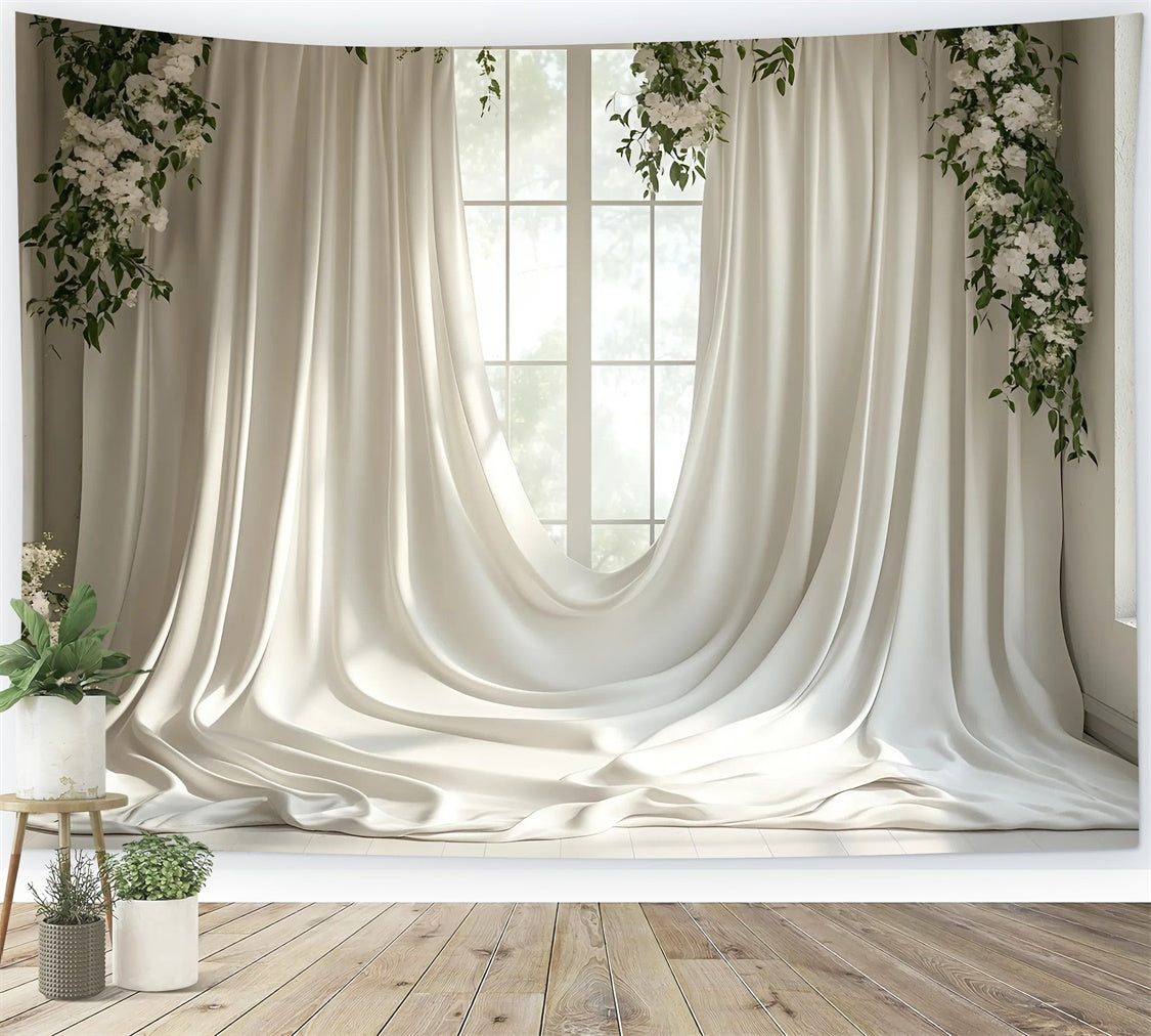 Toile de Fond Photo Fête des Mères Drapé Blanc et Verdure Douce GQ2-115