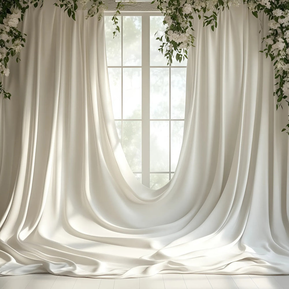 Toile de Fond Photo Fête des Mères Drapé Blanc et Verdure Douce GQ2-115