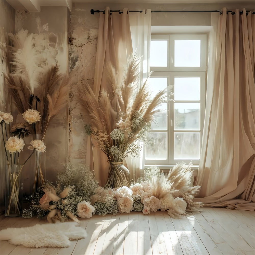 Toile de Fond Boho Fenêtre Ensoleillée Pampas Rose GQ2-40