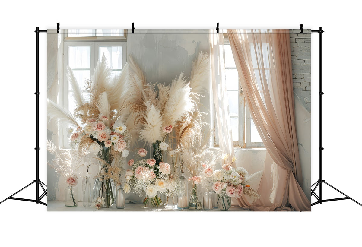 Toile de Fond Boho Idées Rideaux Pampas Floral Fenêtre GQ2-45