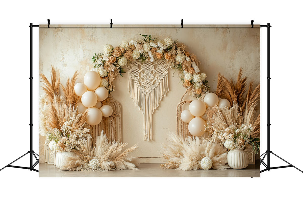 Toile de Fond Boho Mariage Macramé Fleurs Ballons Photographie GQ2-66