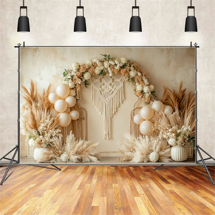 Toile de Fond Boho Mariage Macramé Fleurs Ballons Photographie GQ2-66