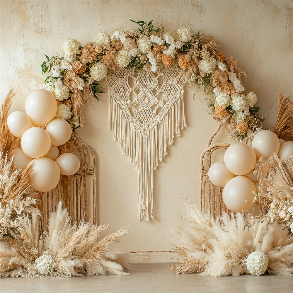 Toile de Fond Boho Mariage Macramé Fleurs Ballons Photographie GQ2-66