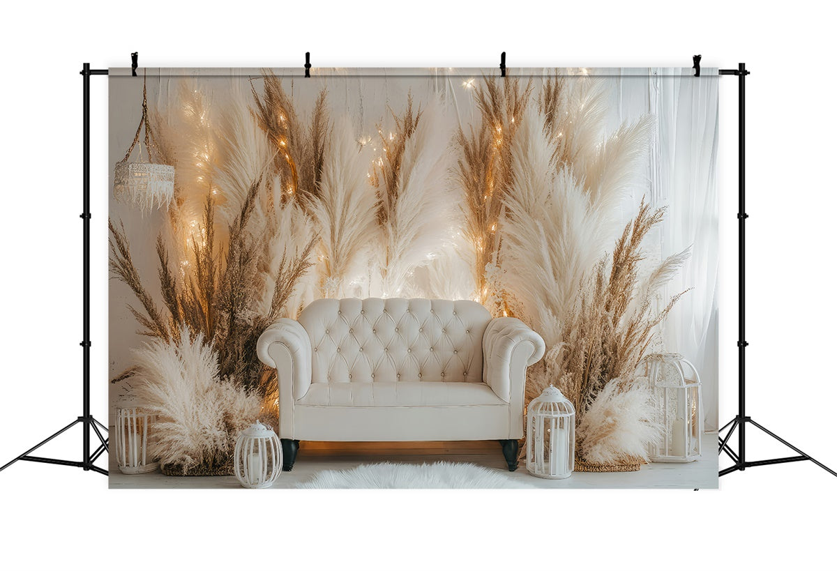 Toile de Fond Boho Canapé Blanc Pampas Lumières GQ2-79