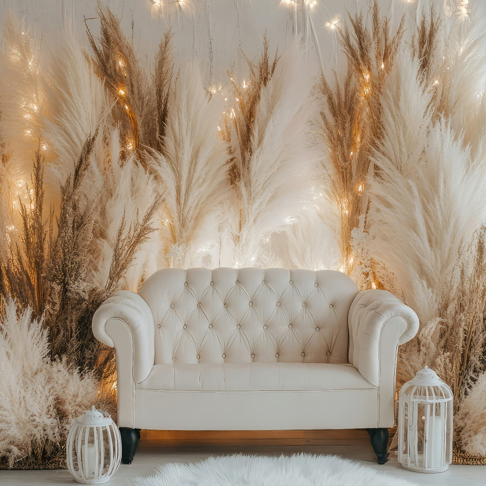 Toile de Fond Boho Canapé Blanc Pampas Lumières GQ2-79
