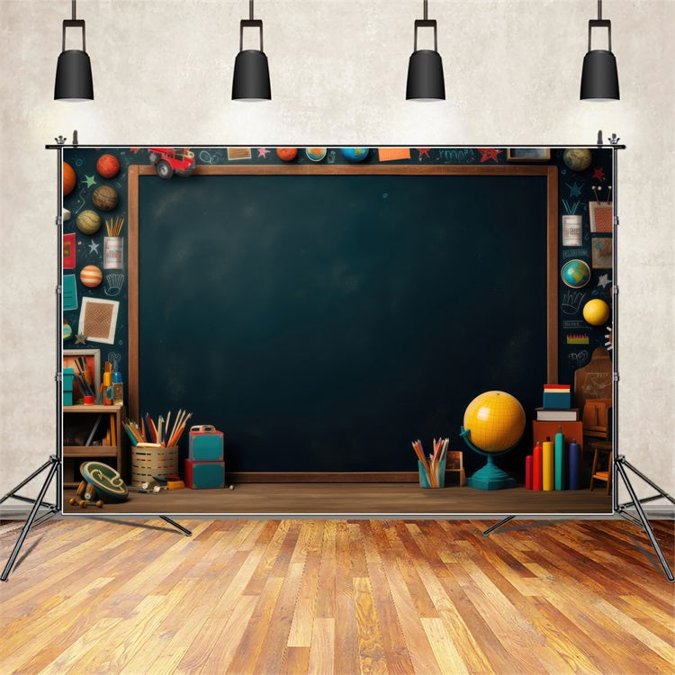 Toile de fond Photo Rentrée des Classes Tableau Noir Planètes Livres GQ3-105