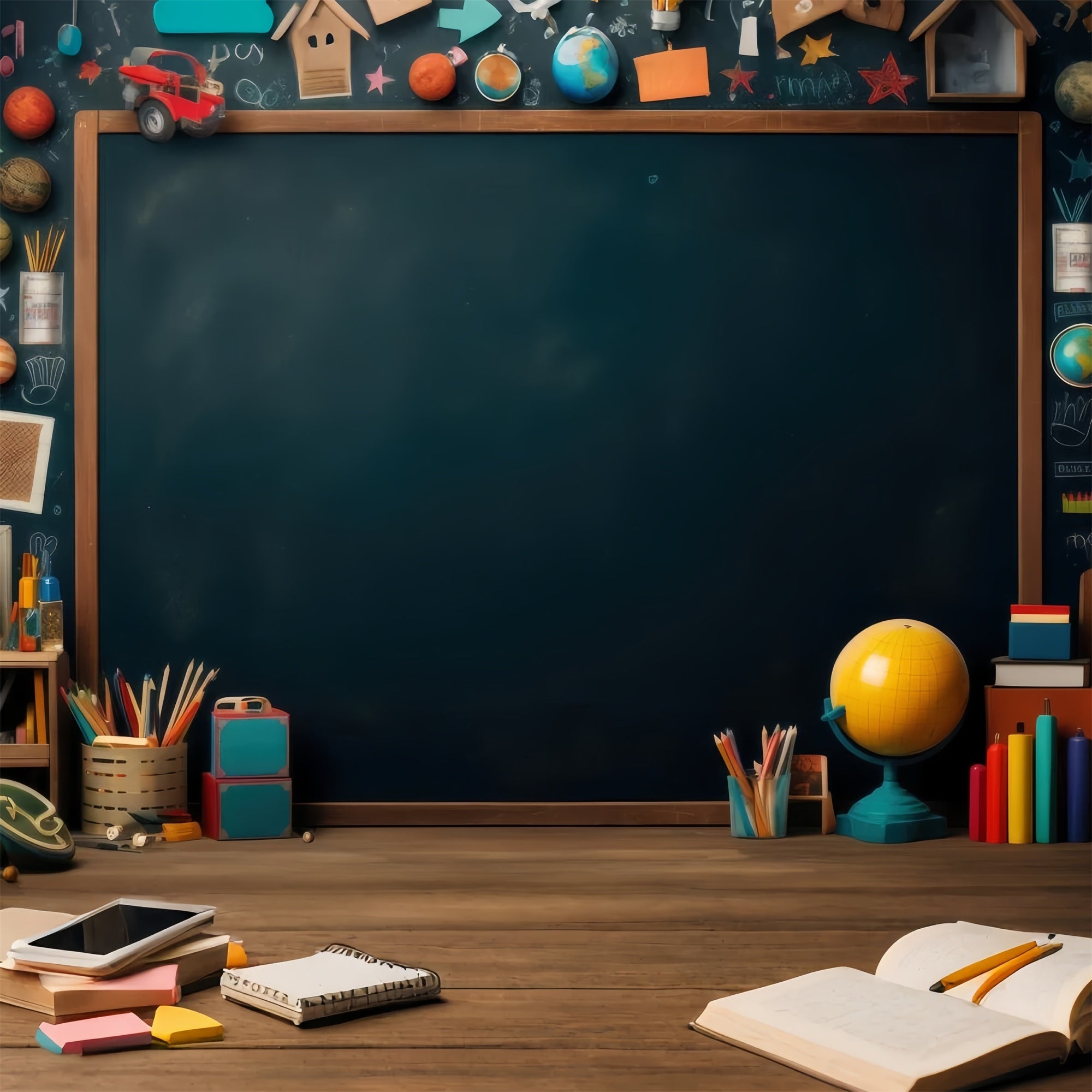 Toile de fond Photo Rentrée des Classes Tableau Noir Planètes Livres GQ3-105