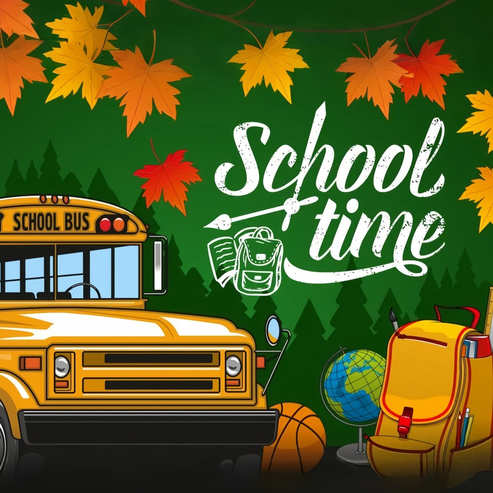 Toile de fond Rentrée des Classes Bus Scolaire Jaune Feuilles GQ3-107