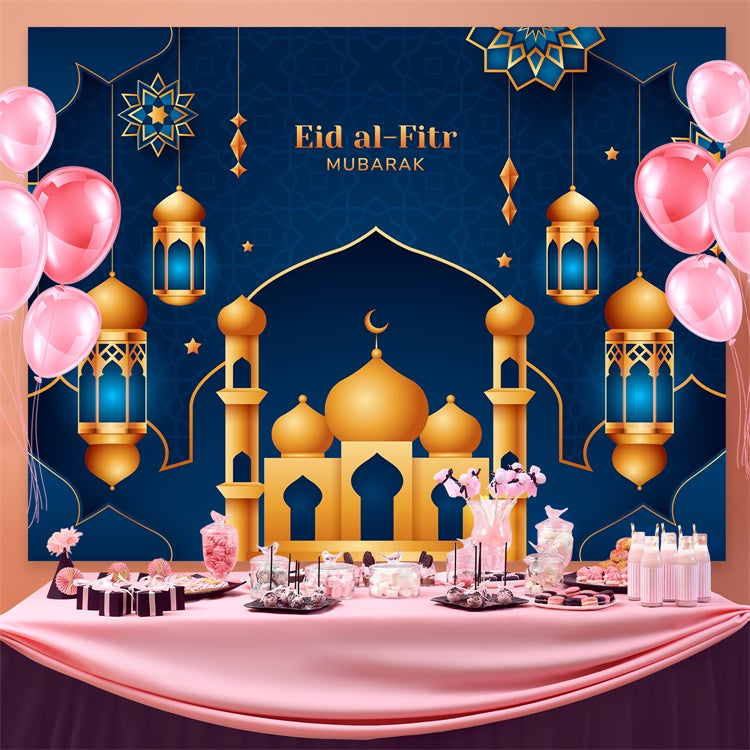 Toile de fond Eid Mubarak Minarets Dorés Ornés Bleu GQ3-80