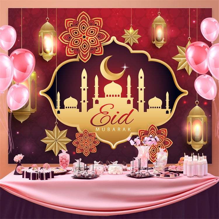 Toile de fond Eid Mubarak Mosquée Dorée Élégante Lanternes GQ3-84