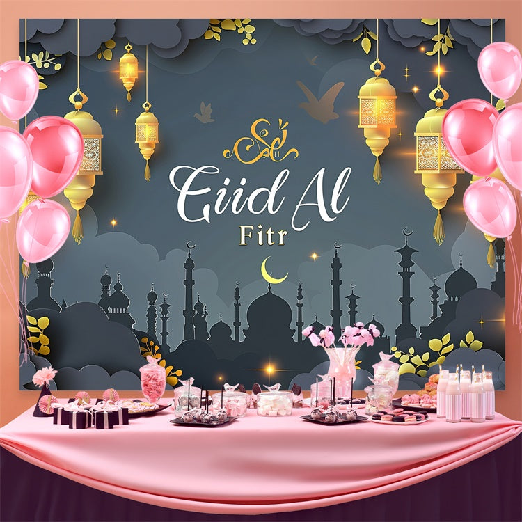 Toile de fond Eid Mubarak Lumières Dorées Rêveuses Gris Élégant GQ3-91