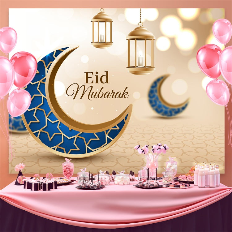 Toile de fond Eid Mubarak Style Arabe Bleu Doré Croissant GQ3-98