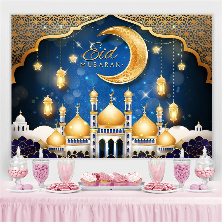 Toile de fond Eid Mubarak Mosquée Majestueuse Dorée Festive GQ3-99