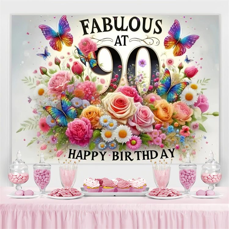 Toile de fond Personnalisable Anniversaire Papillons Fleurs 90ème GQ4-10