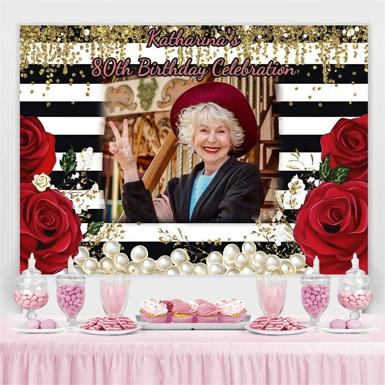 Toile de fond Anniversaire Personnalisable Perles Roses 80ème Rayé GQ4-11