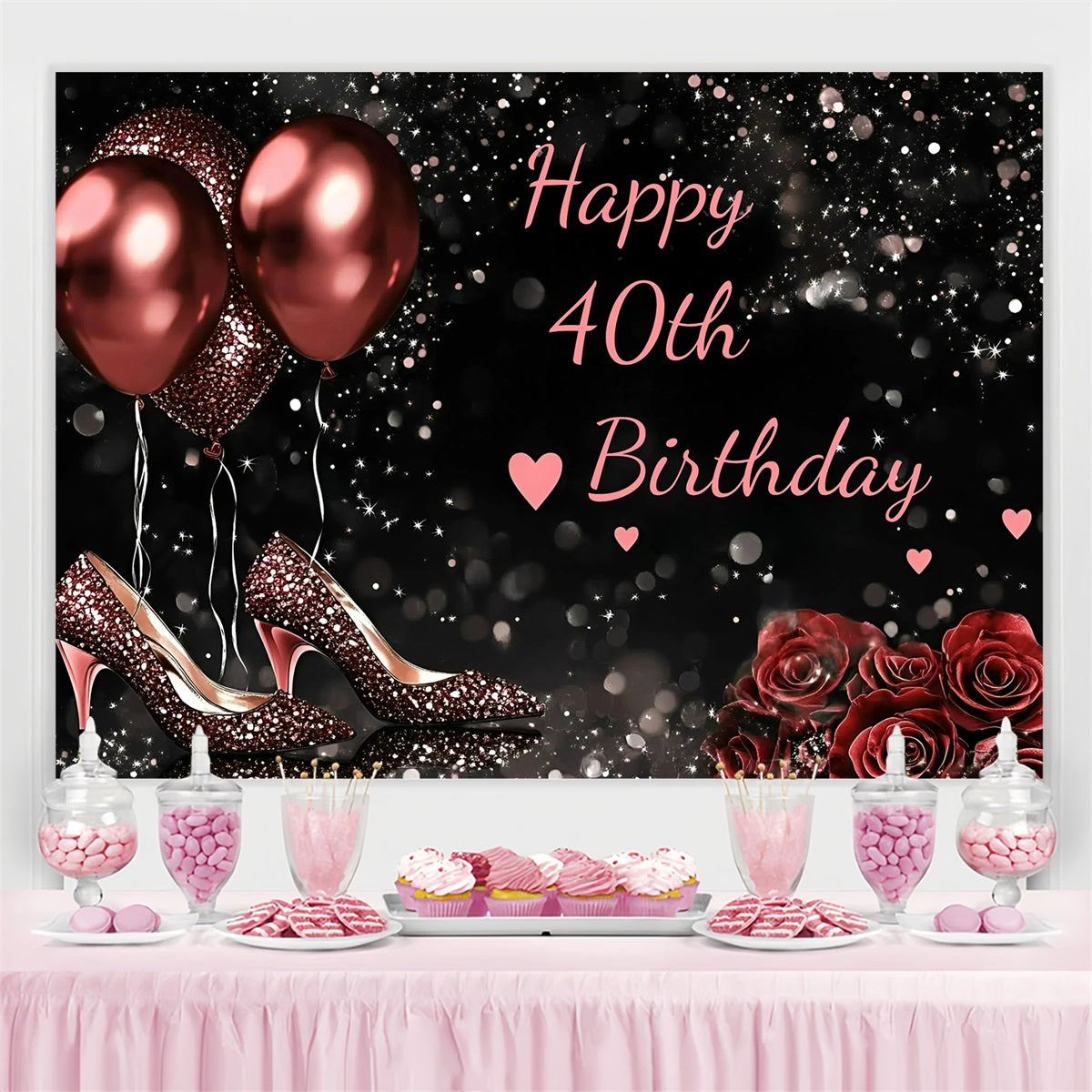 Toile de fond Deco Anniversaire Personnalisé Talon Haut Ballons Roses 40e GQ4-218