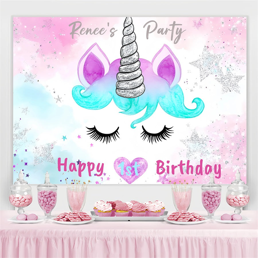 Toile de fond Deco Anniversaire Personnalisé Visage Licorne Brillant 1er GQ4-228