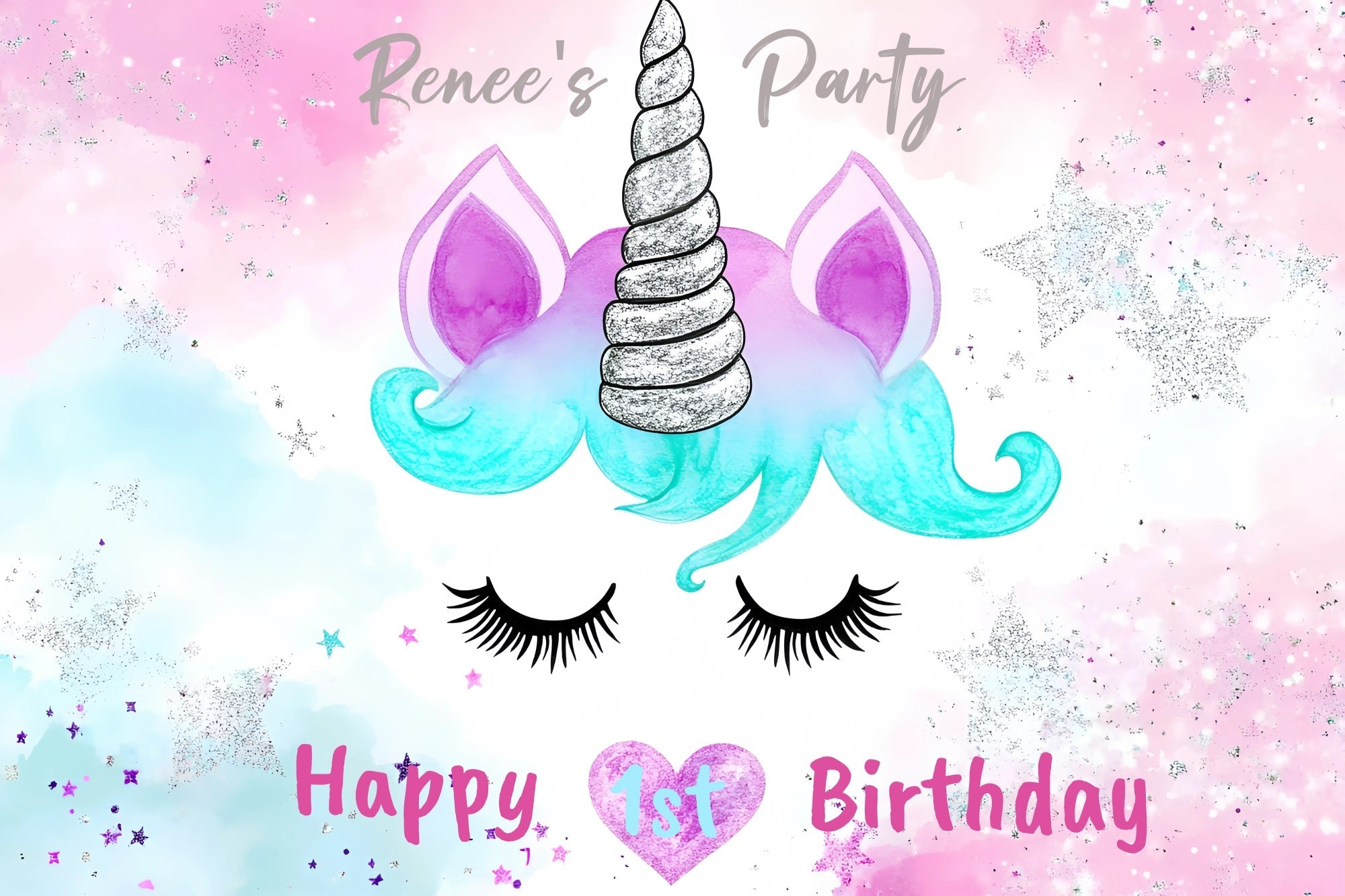 Toile de fond Deco Anniversaire Personnalisé Visage Licorne Brillant 1er GQ4-228