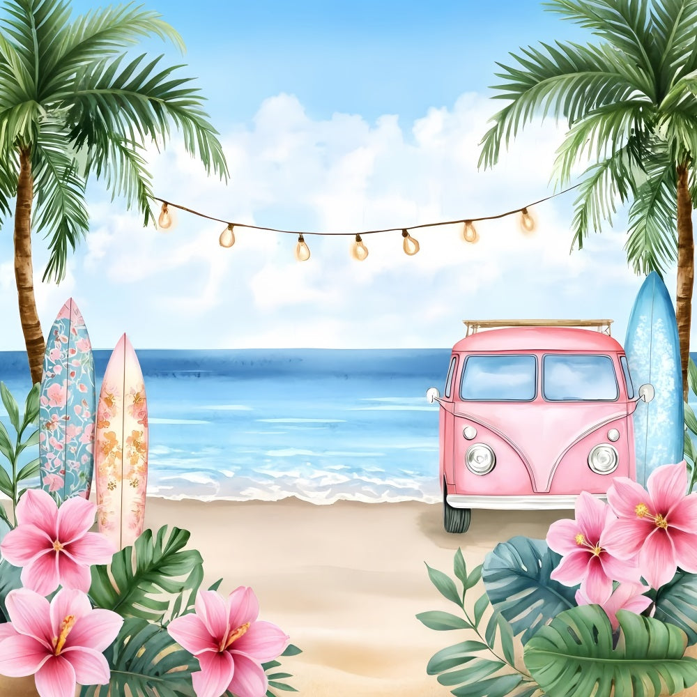 Toile de fond Été Camion Floral Surf Plage GQ4-258