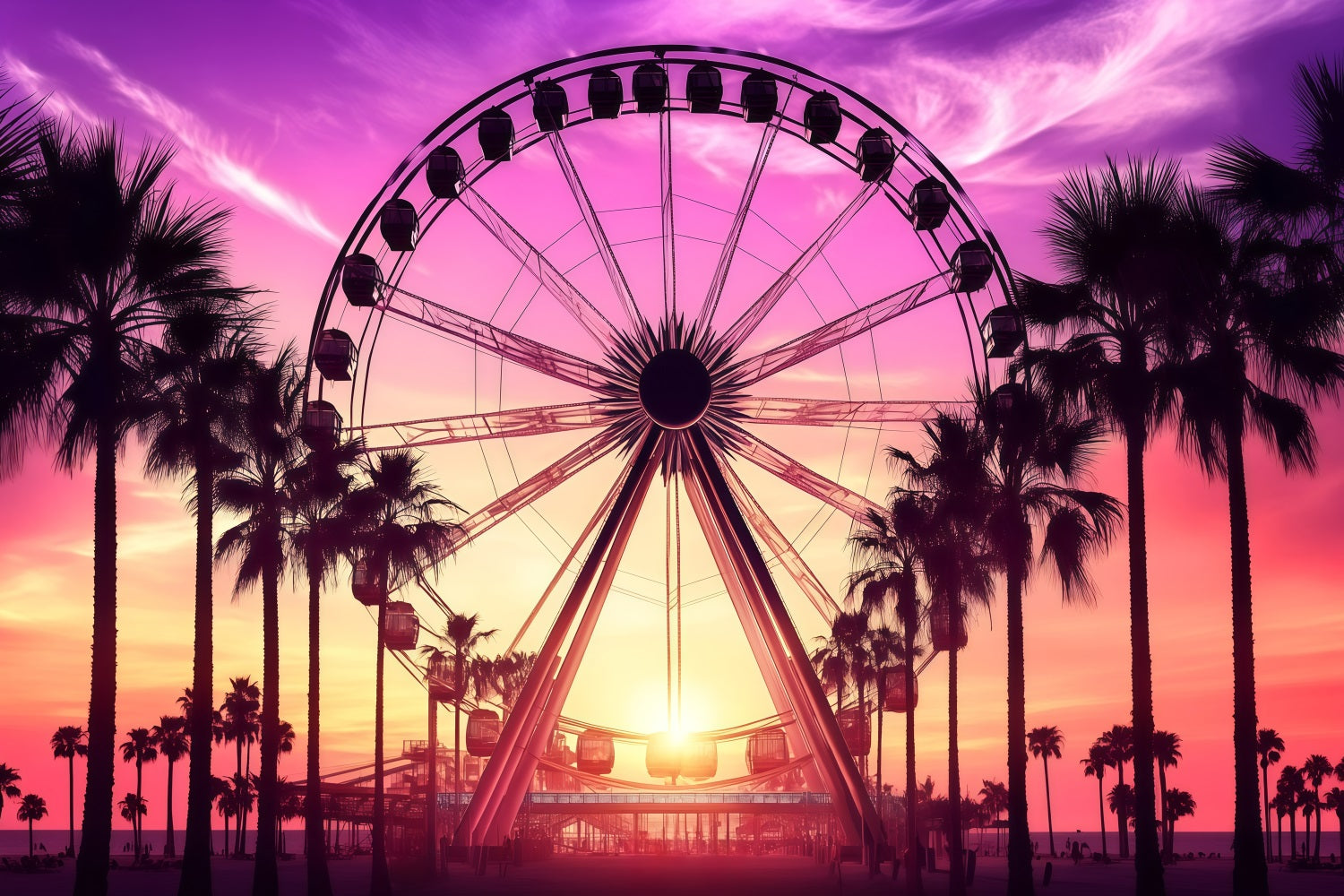Toile de fond Été Coucher de Soleil Grande Roue Tropicale GQ4-261
