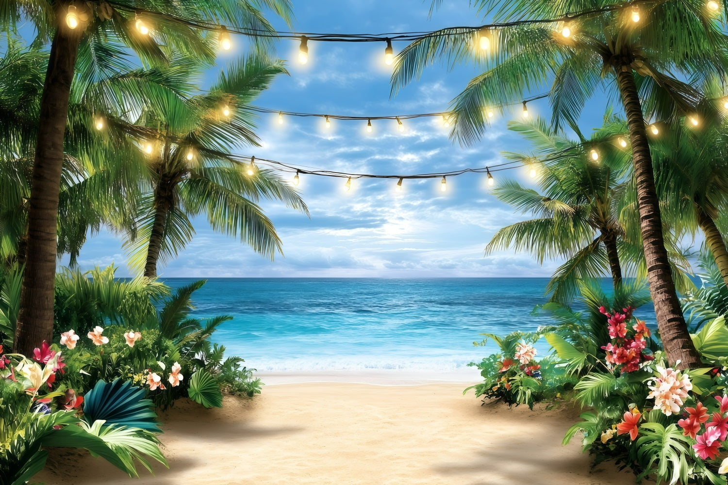 Toile de fond de Plage Été Lumières Guirlandes Tropicales GQ4-287