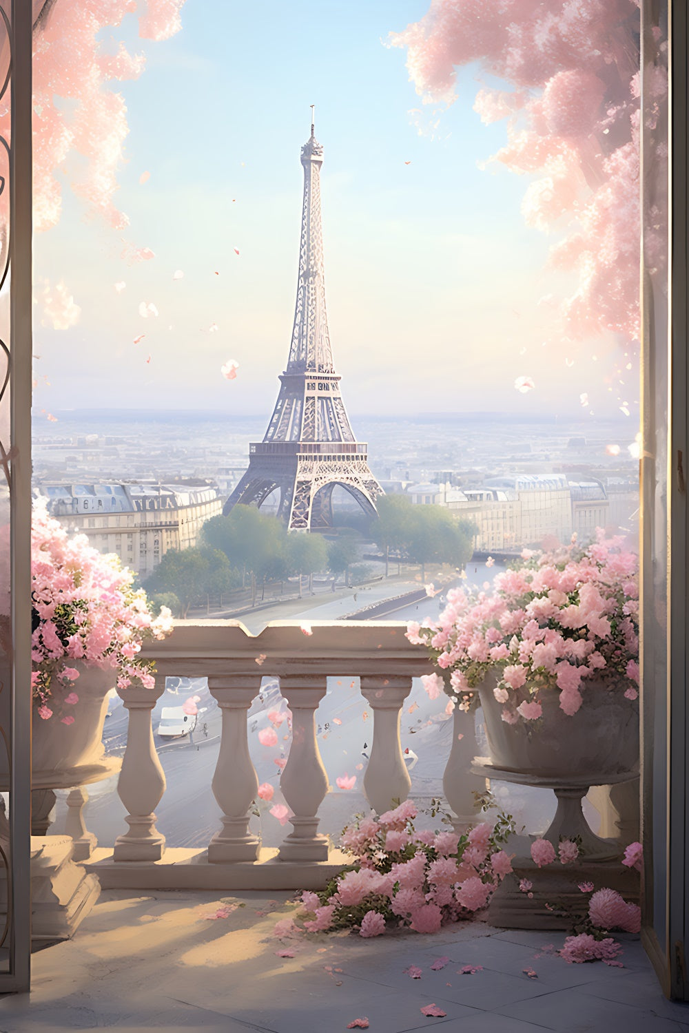 Toile de fond Photo Paris Balcon Fleuri Vue Ville GQ4-65