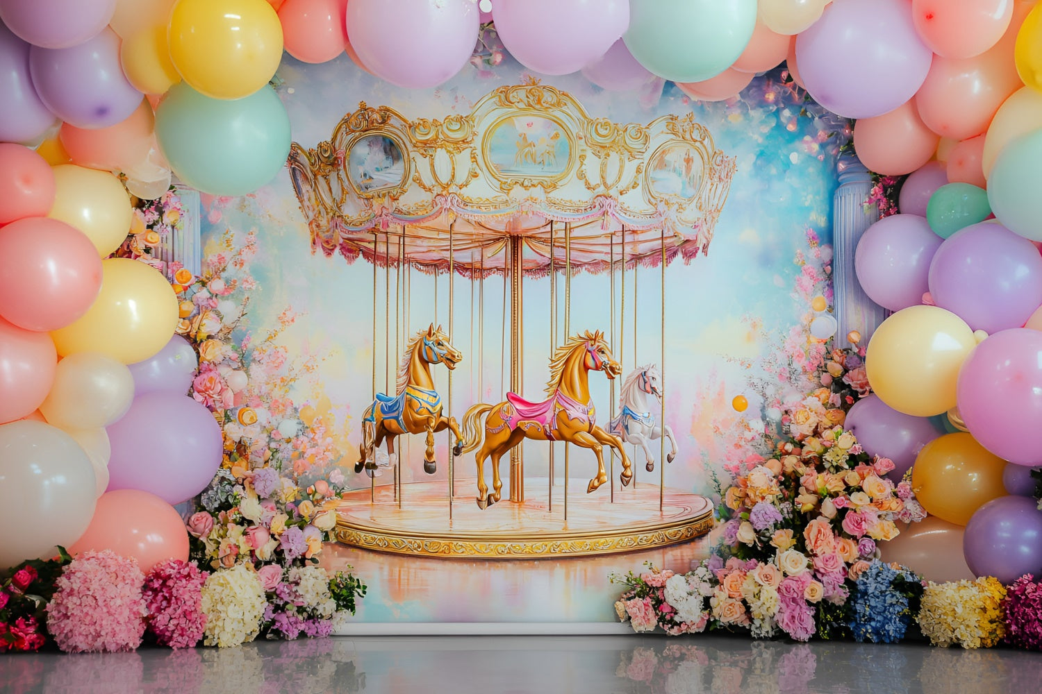 Toile de fond Décor Anniversaire 1 an Délire Fleuri Carrousel GQ6-316
