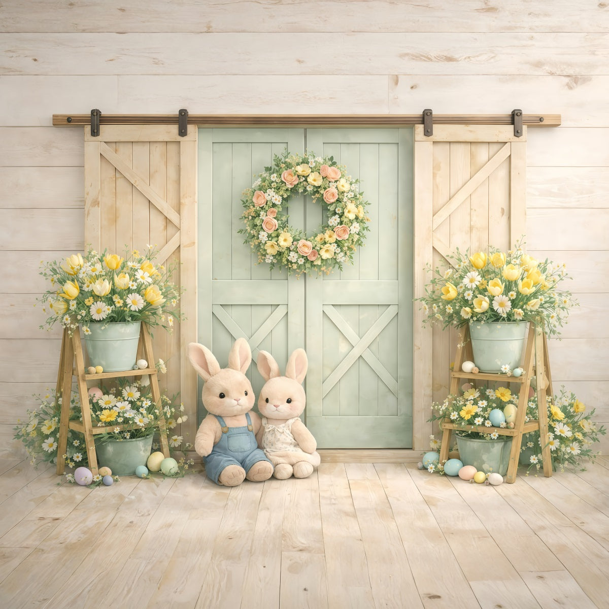 Toile de fond de Pâques Portes Grange Lapin Tons Pastel GQ61-16