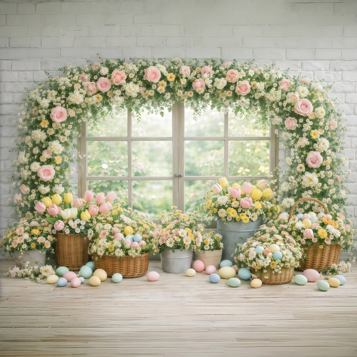 Toile de fond Pâques Fenêtre Jardin Œufs Floraux GQ61-19