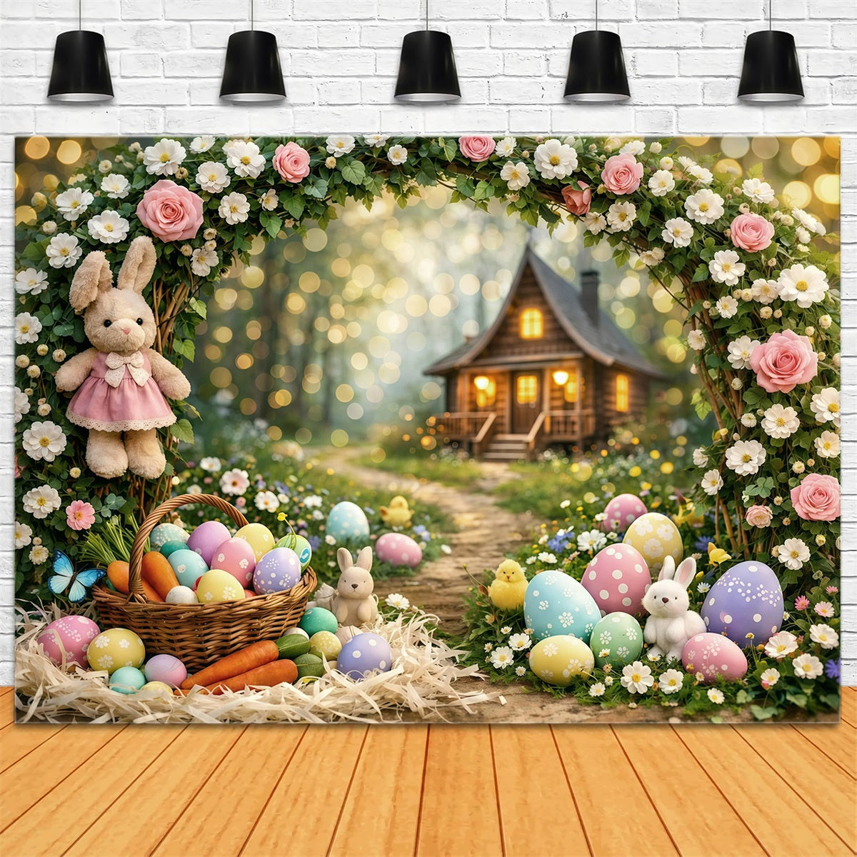 Toile de fond Pâques Cottage Lapin Forêt Enchantée GQ61-31