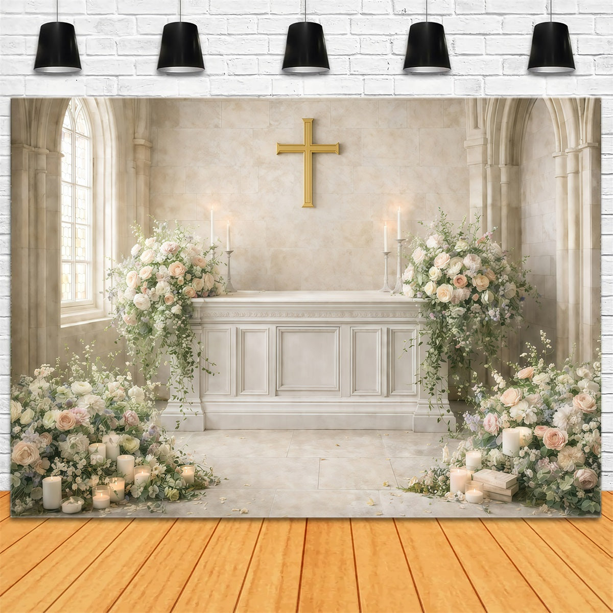 Toile de fond Pâques Croix Sacrée Église Fleurs GQ61-35