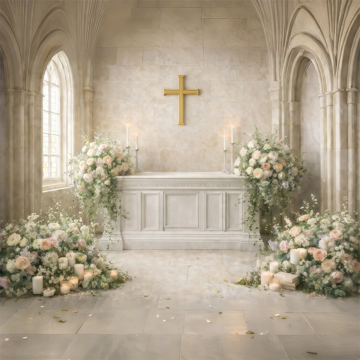 Toile de fond Pâques Croix Sacrée Église Fleurs GQ61-35