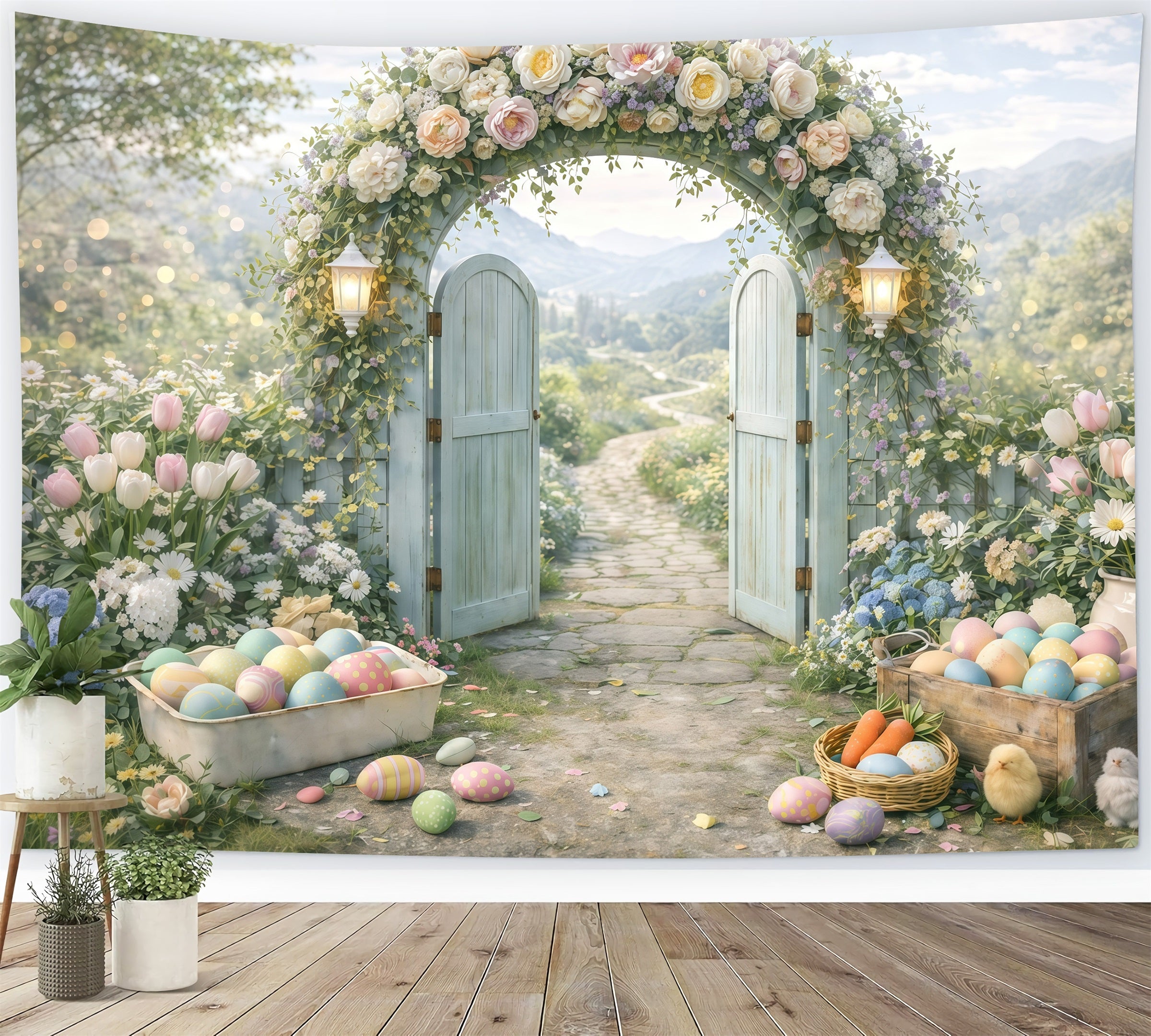 Toile de fond de Pâques Entrée Arche Jardin Printanier Œuf GQ61-44