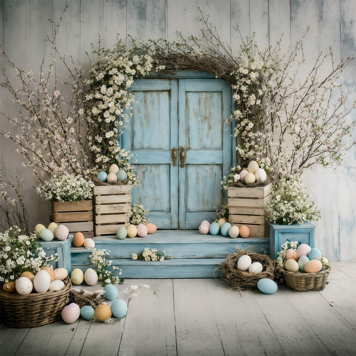 Fond Photo Pâques Porte Bleue Vintage Fleurs GQ61-46