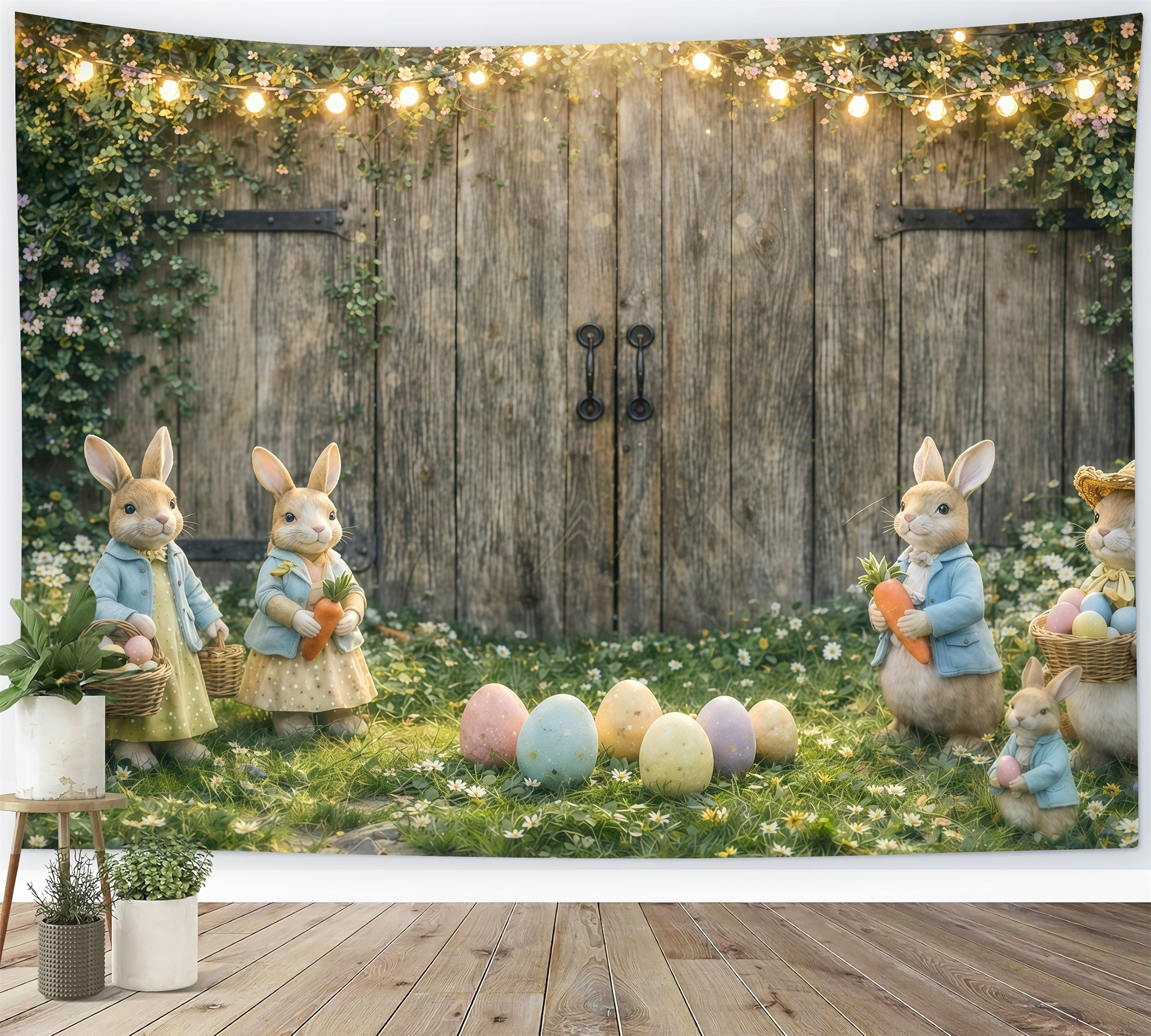 Toile de fond de Pâques Récolte Œufs Lapin Rustique GQ61-48