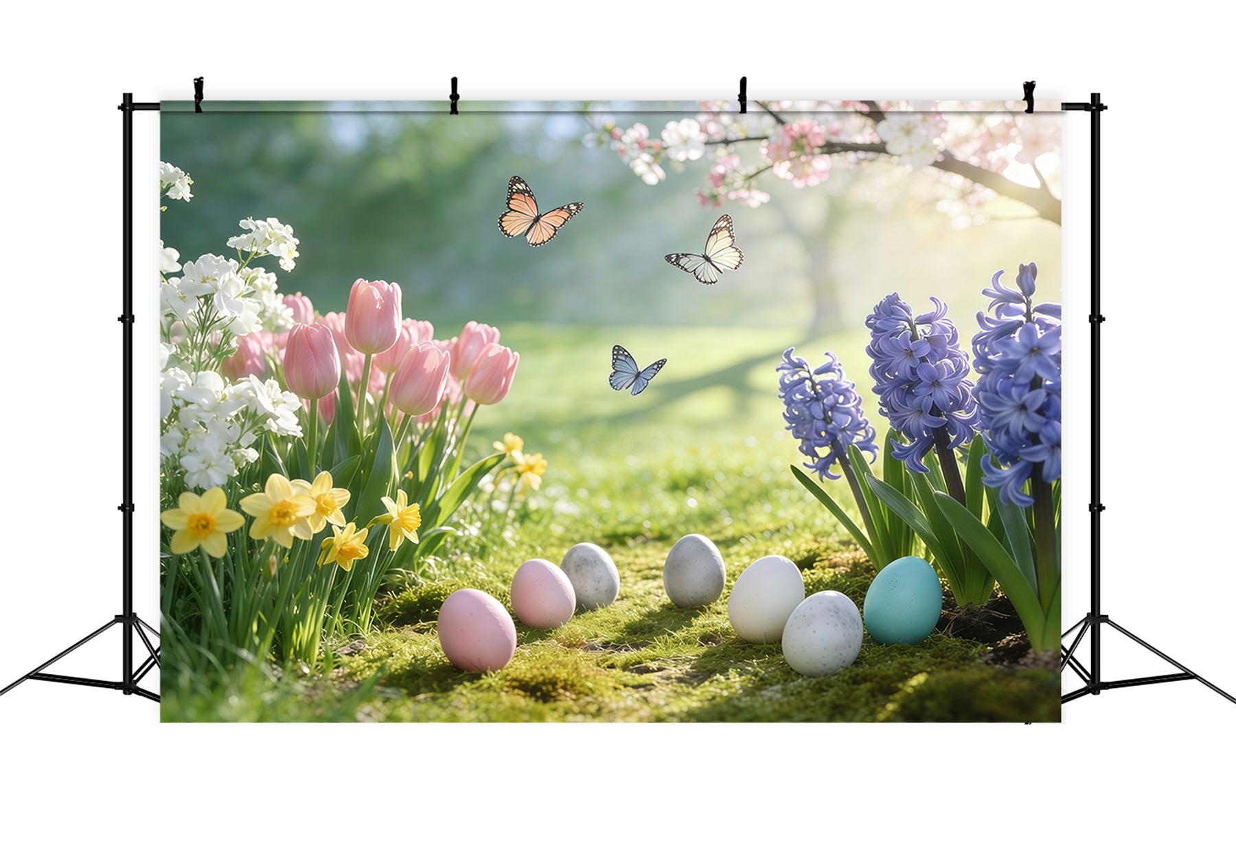 Fond de Pâques Prairie Printanière Papillons Œufs GQ61-53