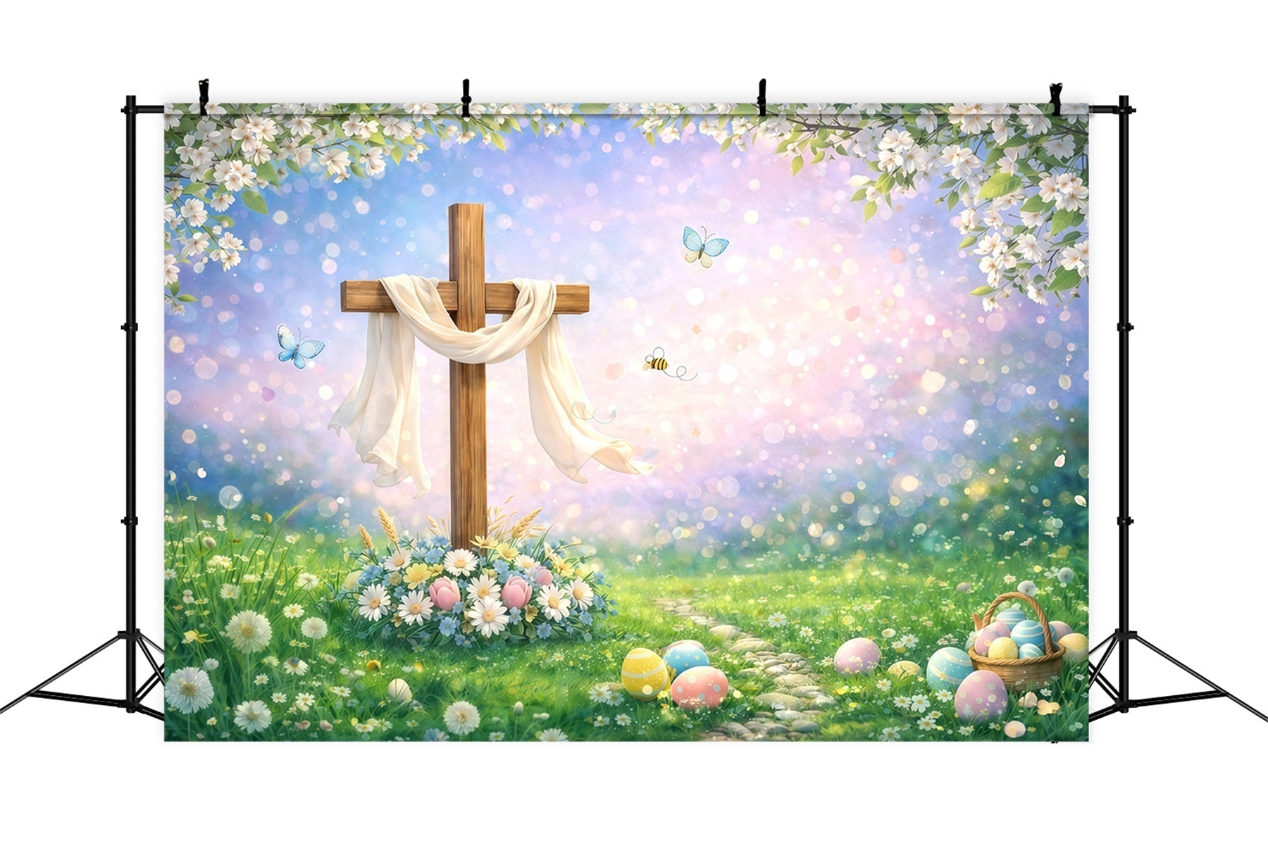 Toile de fond Pâques Croix Bois Prairie Printanière Bokeh GQ61-55