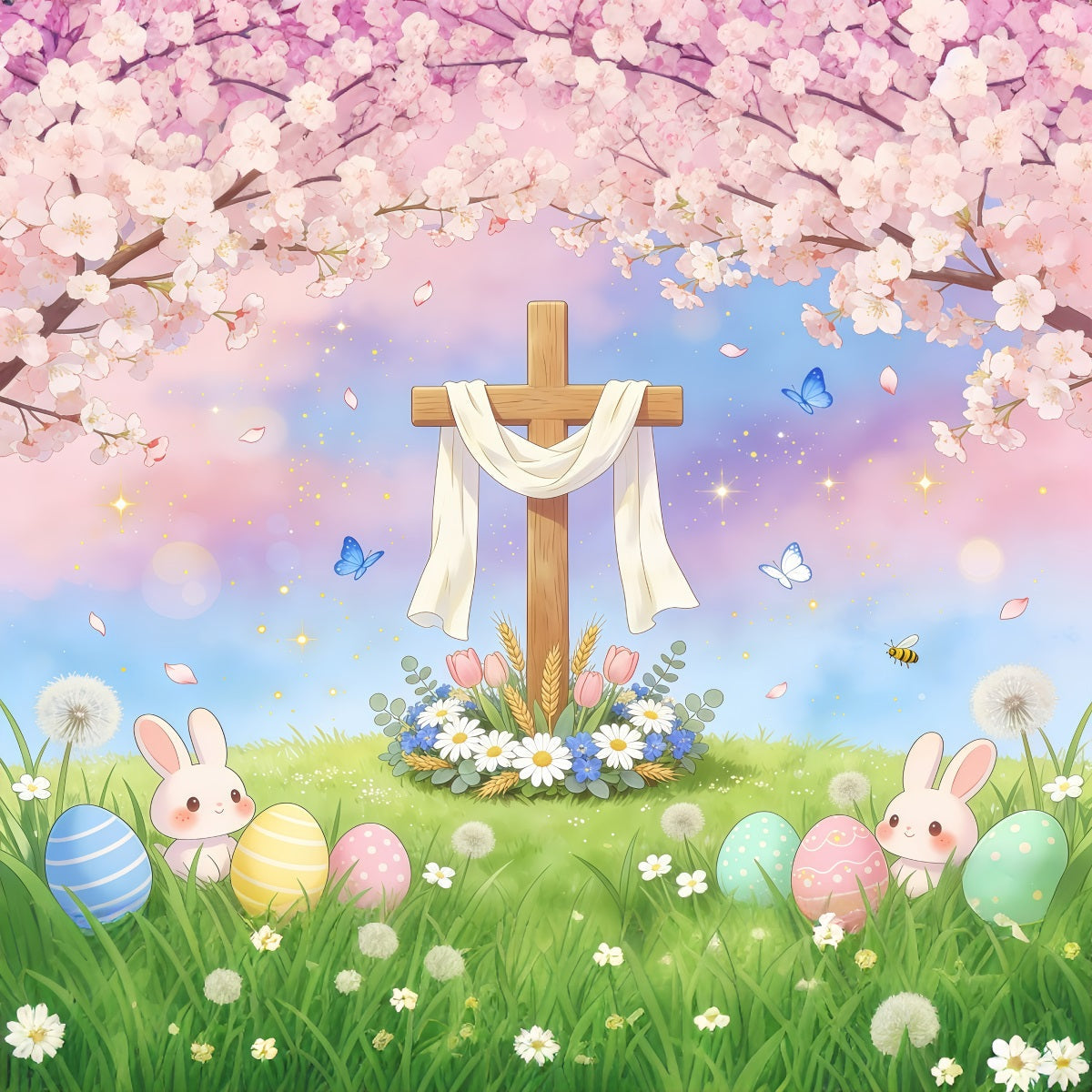 Toile de fond de Pâques Croix Lapin Œuf Ciel Pastel GQ61-56