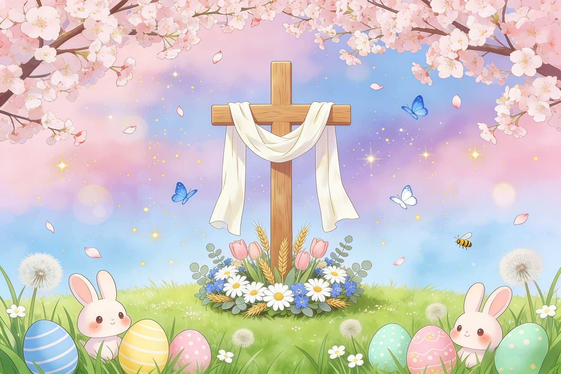 Toile de fond de Pâques Croix Lapin Œuf Ciel Pastel GQ61-56